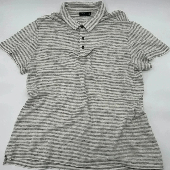 VINCE  Men's Gray White Horizontal Striped 100% Linen Knit SS Polo Shirt Sz XL - Picture 1 of 7